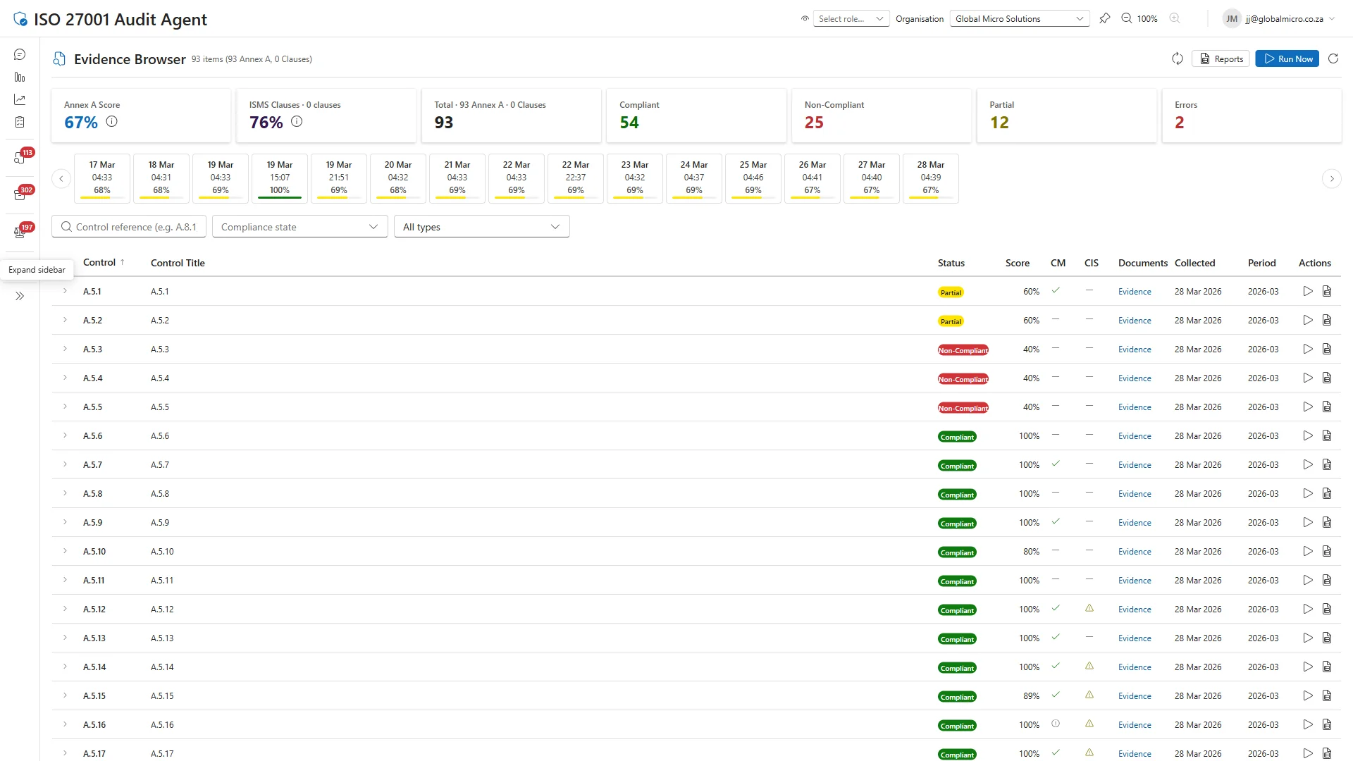 Audit Agent Evidence Browser — 93 ISO 27001 controls with daily compliance scores, portal screenshots, and API evidence